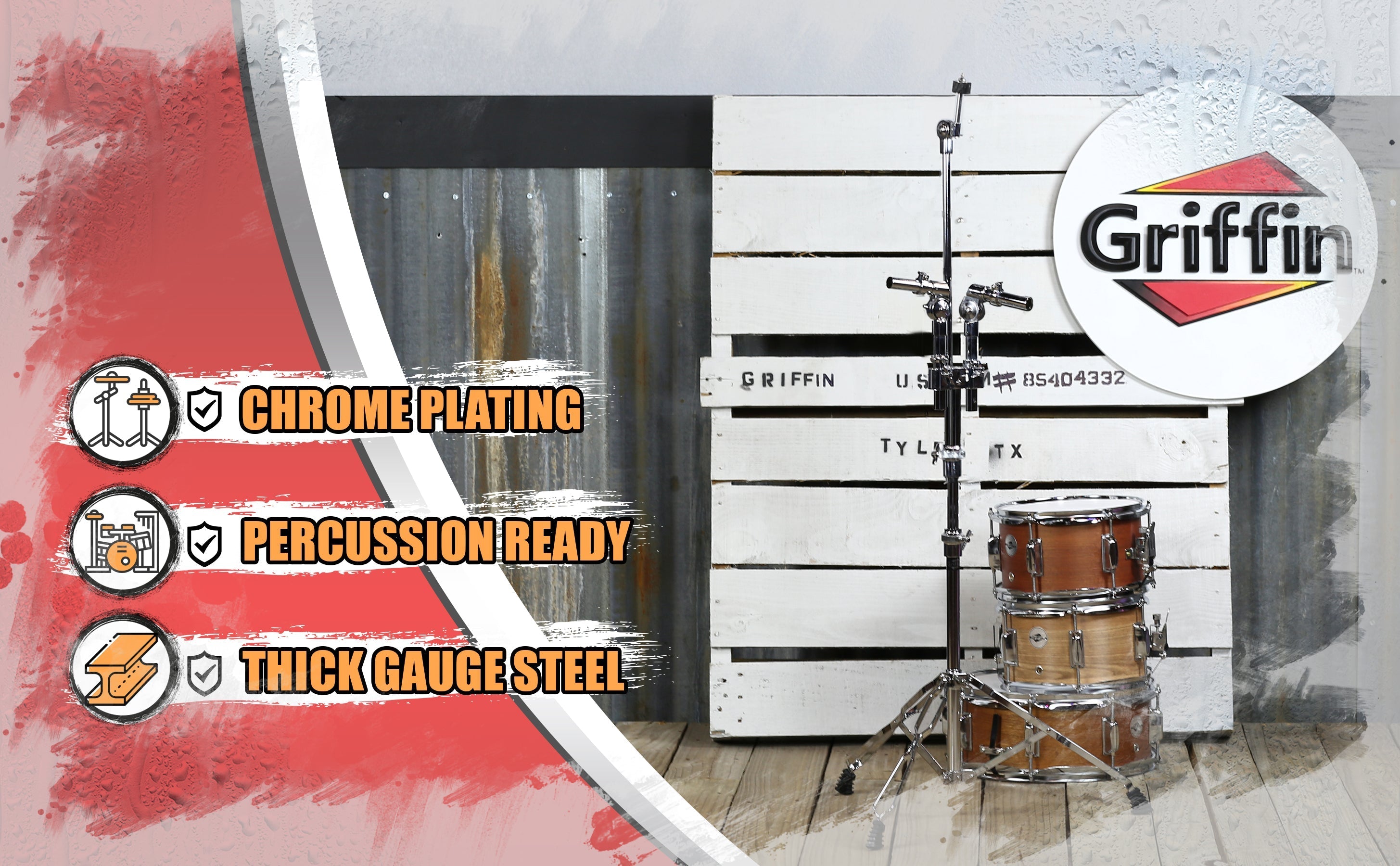 Double Tom Drum Stand with Cymbal Arm by GRIFFIN - Drummers Percussion Set Hardware with Dual Drum Mounts - Tom Holder with Double Braced Legs GeekStands.com