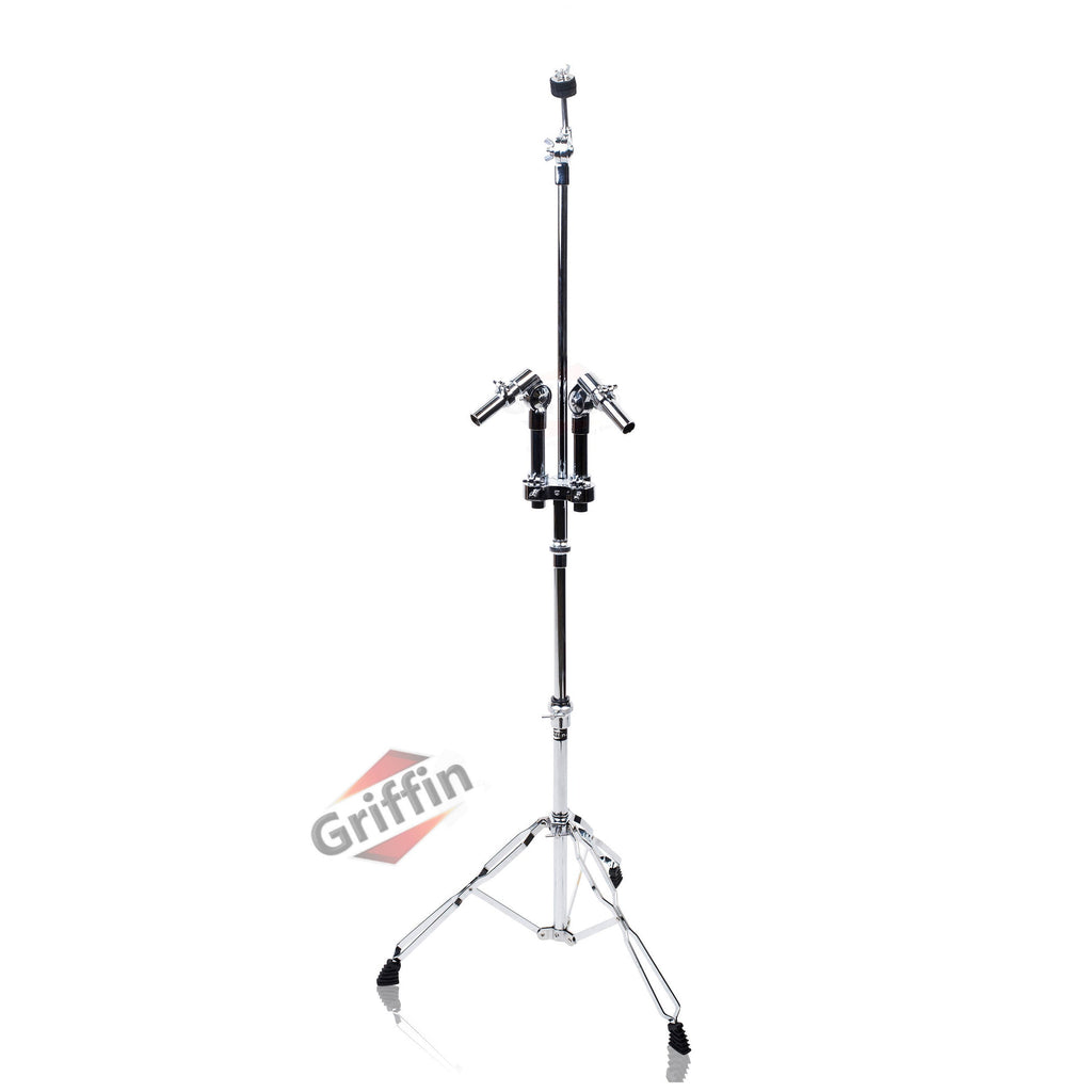Double Tom Drum Stand with Cymbal Arm by GRIFFIN - Drummers Percussion Set Hardware with Dual Drum Mounts - Tom Holder with Double Braced Legs GeekStands.com