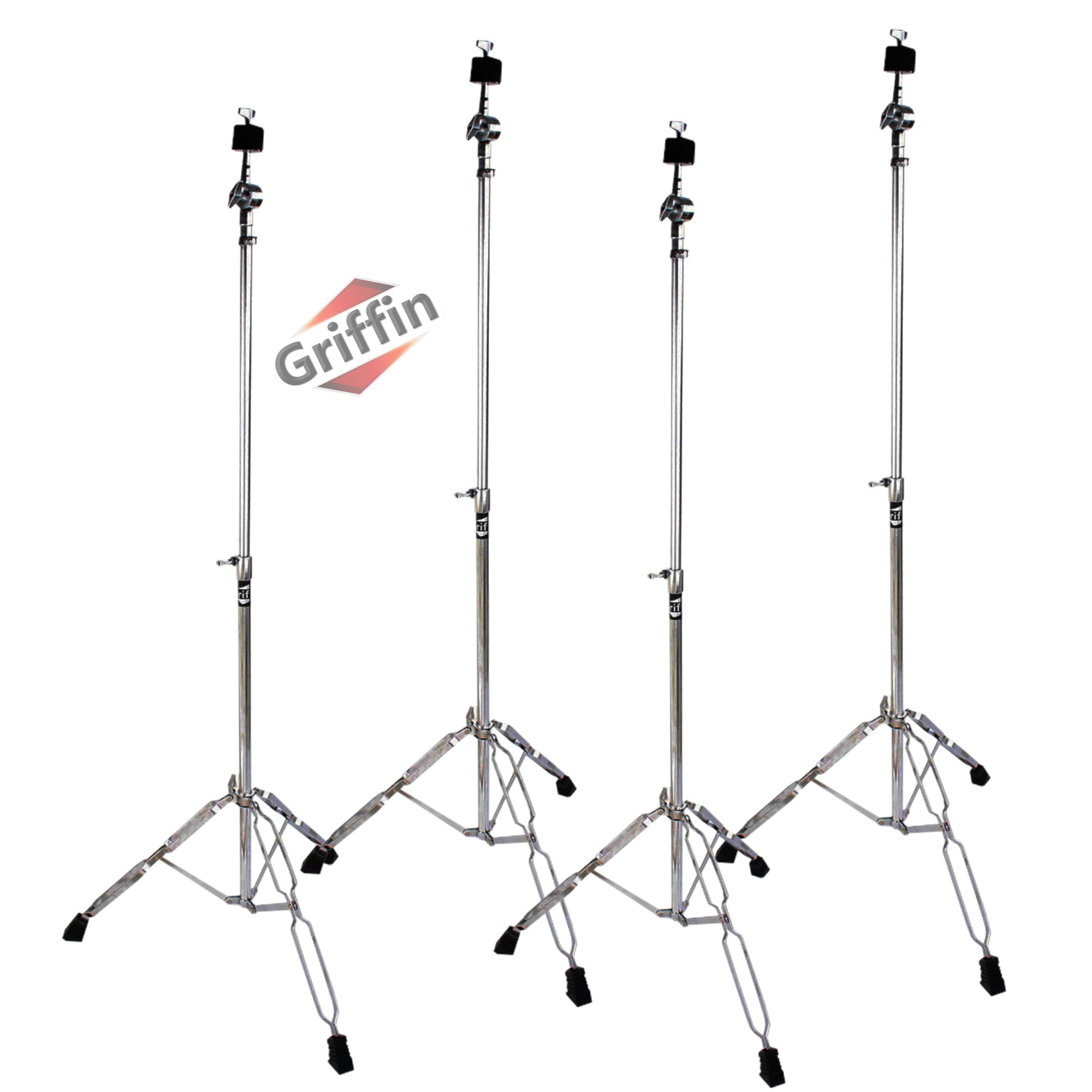 4 PACK - Straight Cymbal Stand Set by GRIFFIN | Double Braced Legs, Slip-Proof Gear Holder & Light-Duty for Mobile Drummers | Percussion Chrome Drum Hardware Kit for Mounting Crash & Splash Cymbals GeekStands.com