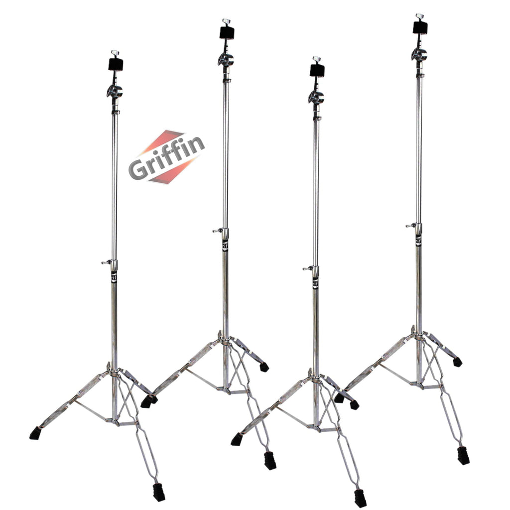 Straight Cymbal Stand Set (4-Pack ) by GRIFFIN - Double-Braced Legs, Slip-Proof Gear Holder & Lightweight for Mobile Drummers - Chrome Percussion Kit for Mounting Crash & Splash Cymbals GeekStands.com