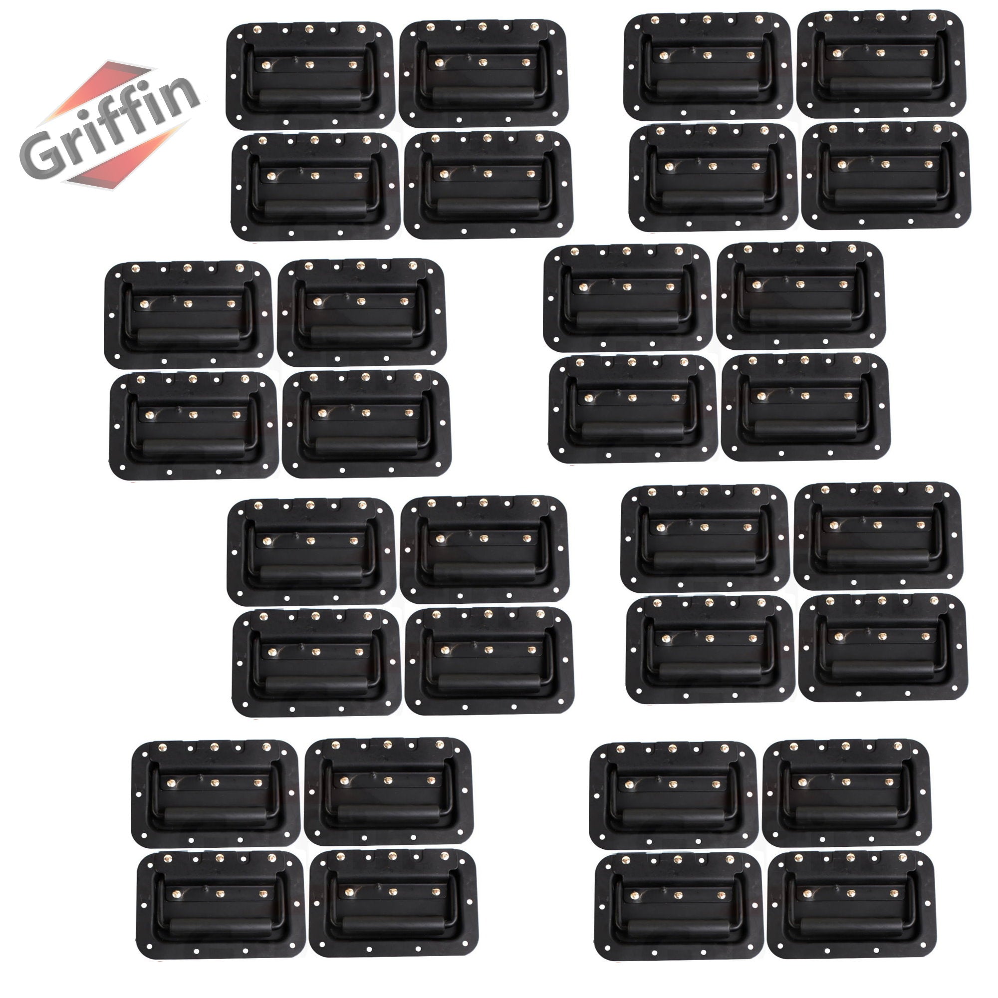 Metal Flip Speaker Cabinet Handles (32-PACK) for Rack Road Flight Trunk by GRIFFIN - Spring-Loaded Flush Pull with Black Grip Rubber Padding - DJ PA Pro-Audio Stage Gear Parts GeekStands.com