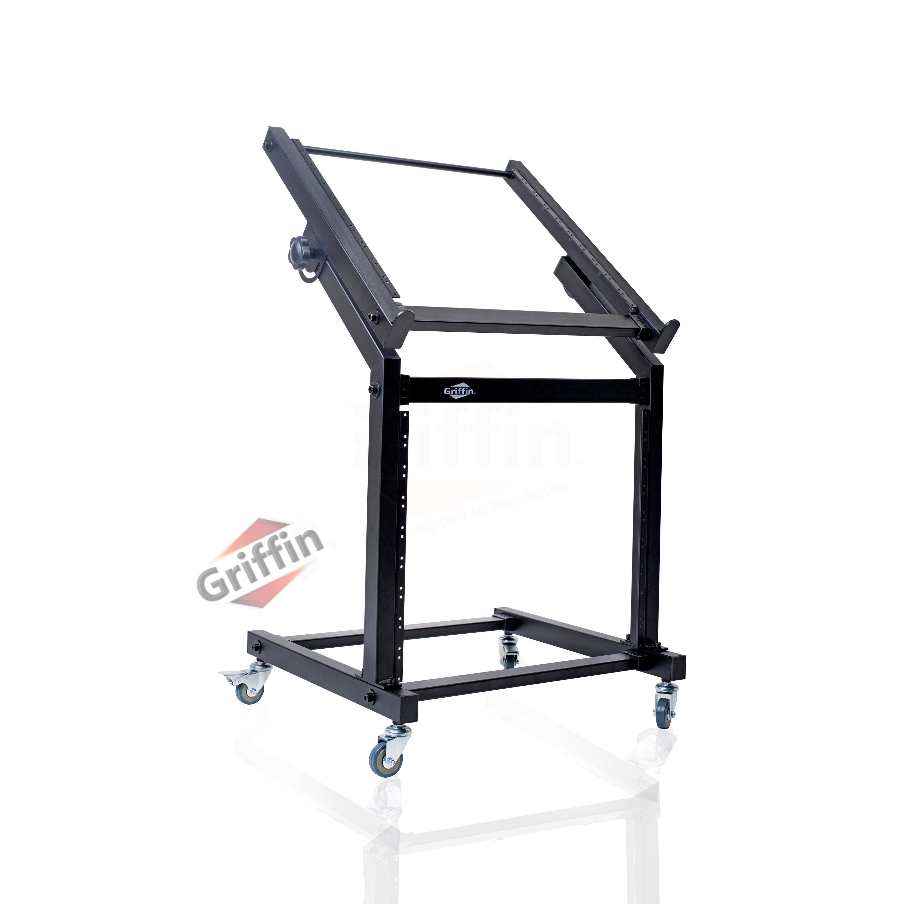 Rack Mount Rolling Stand & Adjustable Mixer Platform Rails by GRIFFIN - 19U Cart Holder for Music Studio Booth Pro Audio Recording Cabinet Equipment GeekStands.com