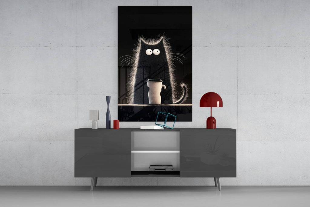 Coffee Lover Cat Glass Wall Art || Designer Collection Insigneart USA