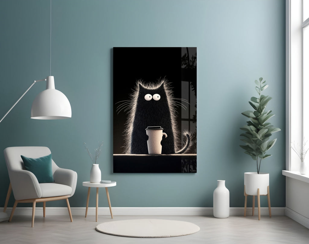 Coffee Lover Cat Glass Wall Art || Designer Collection Insigneart USA