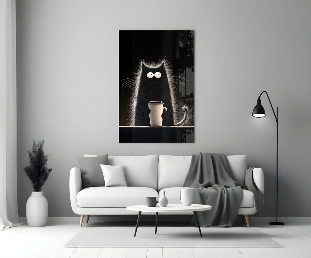 Coffee Lover Cat Glass Wall Art || Designer Collection Insigneart USA