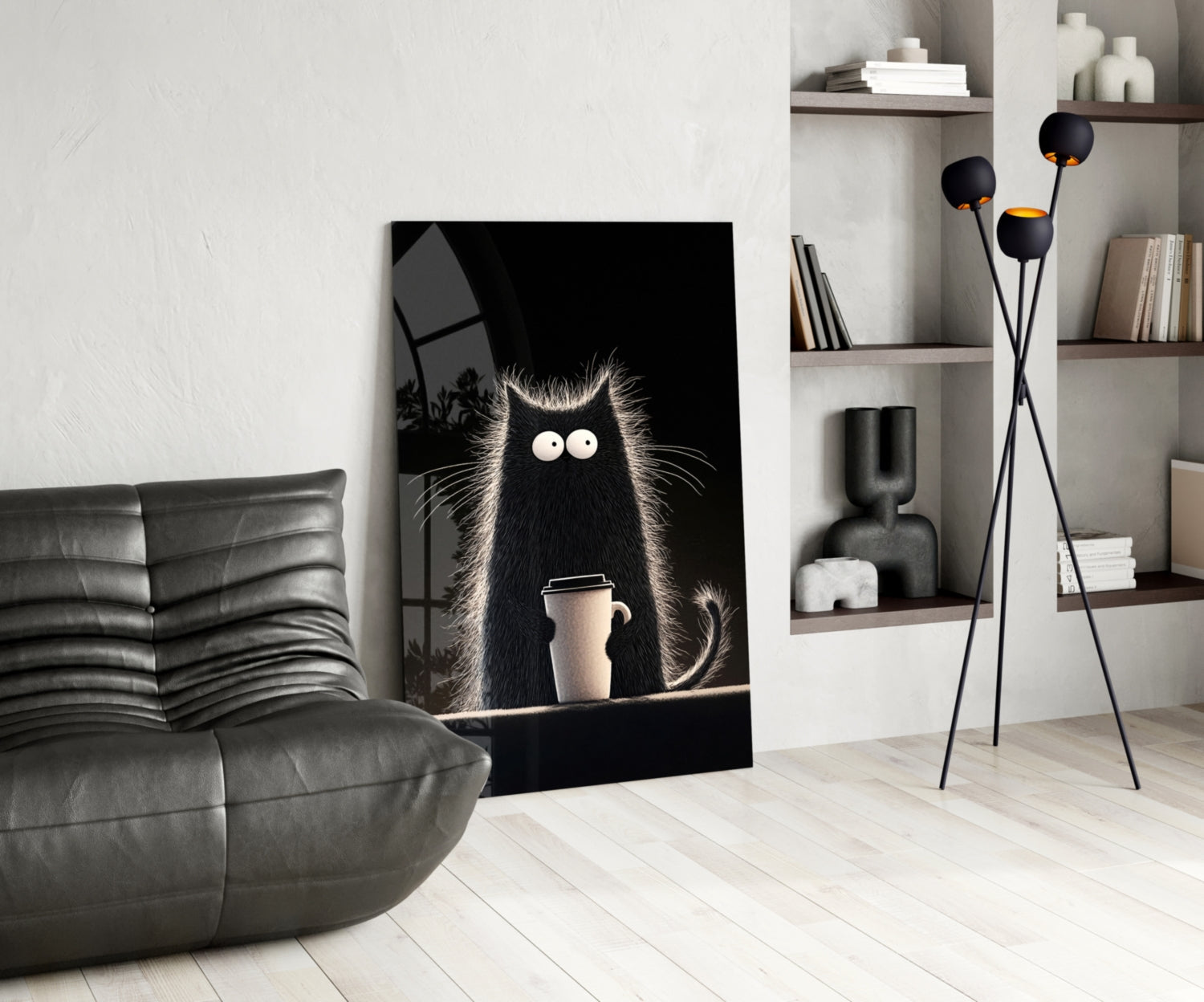 Coffee Lover Cat Glass Wall Art || Designer Collection Insigneart USA