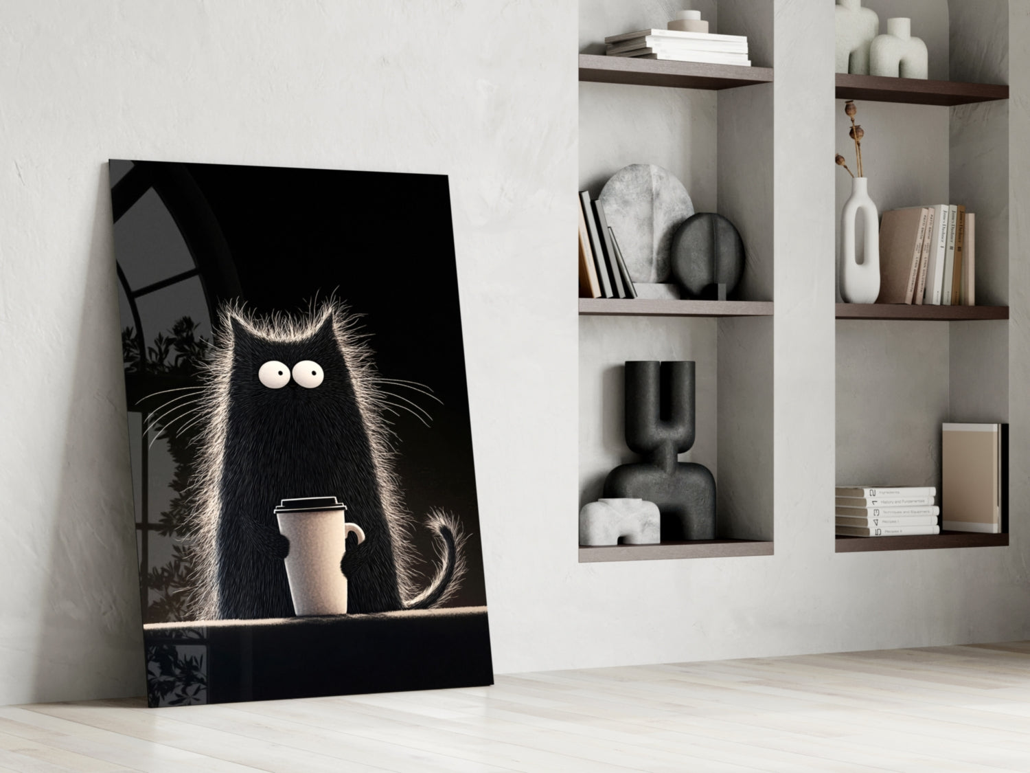 Coffee Lover Cat Glass Wall Art || Designer Collection Insigneart USA