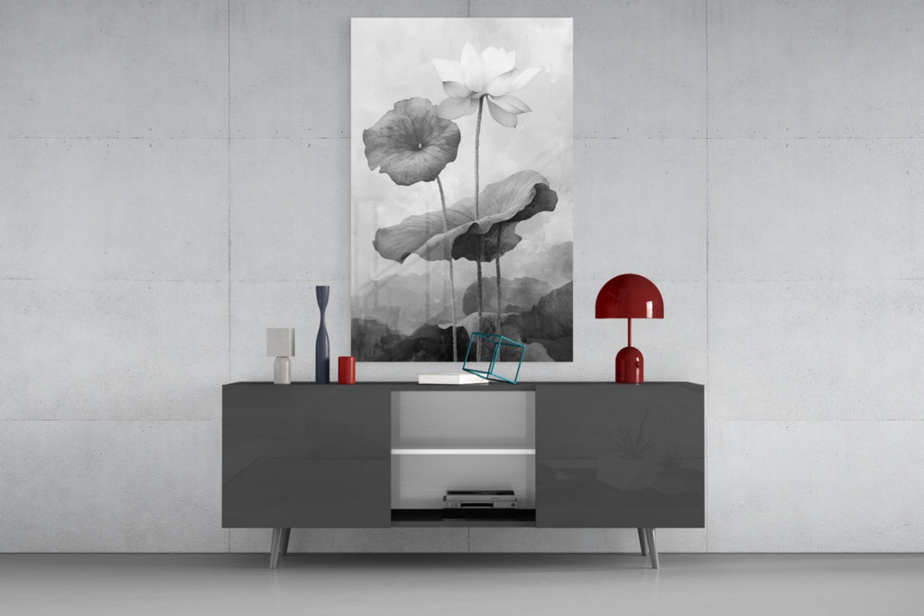 Black and White Water Lily Glass Wall Art || Designer Collection Insigneart USA
