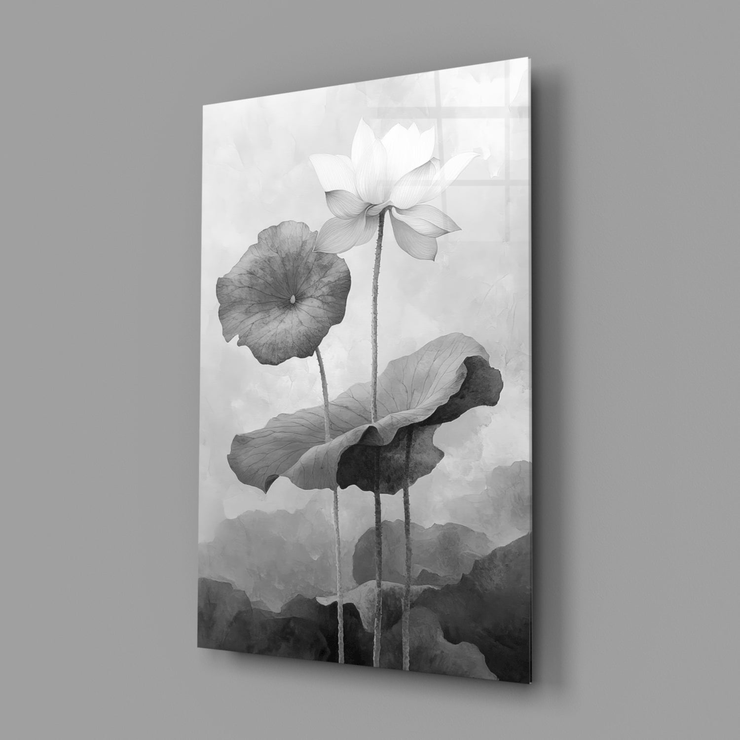 Black and White Water Lily Glass Wall Art || Designer Collection Insigneart USA