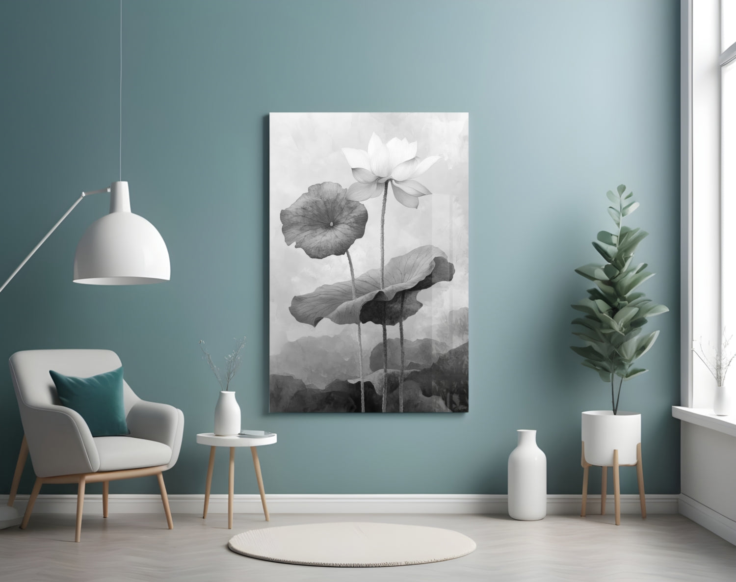 Black and White Water Lily Glass Wall Art || Designer Collection Insigneart USA