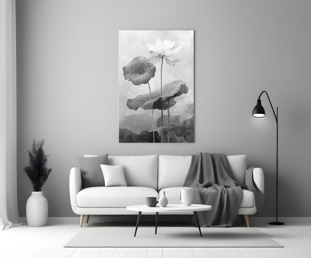 Black and White Water Lily Glass Wall Art || Designer Collection Insigneart USA