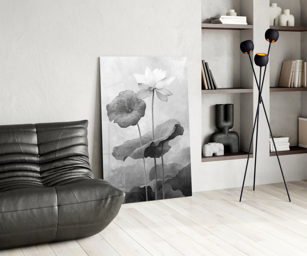 Black and White Water Lily Glass Wall Art || Designer Collection Insigneart USA