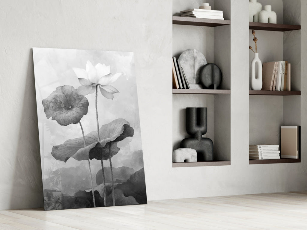 Black and White Water Lily Glass Wall Art || Designer Collection Insigneart USA