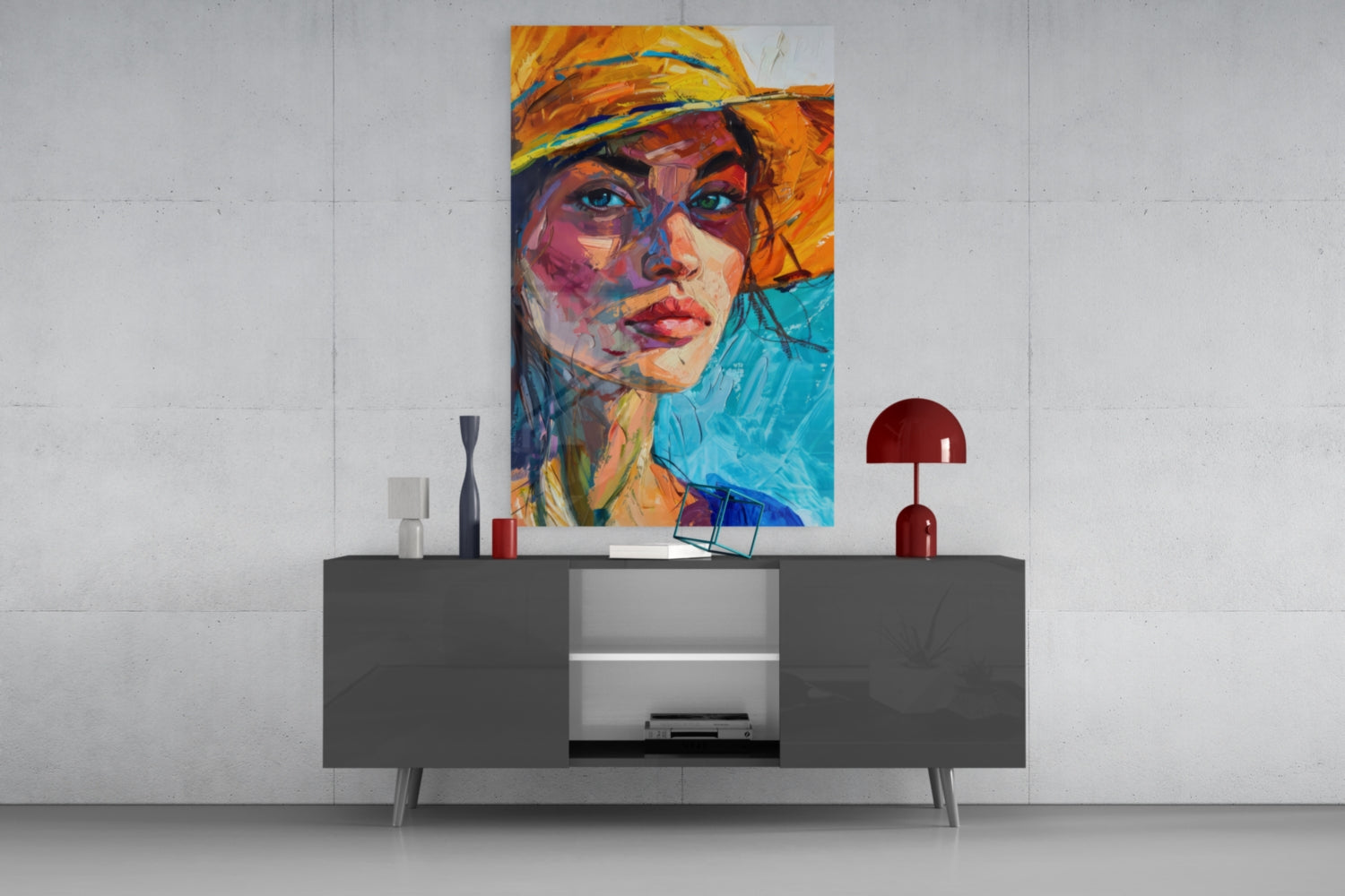 Woman in Orange Hat Glass Wall Art || Designer Collection Insigneart USA