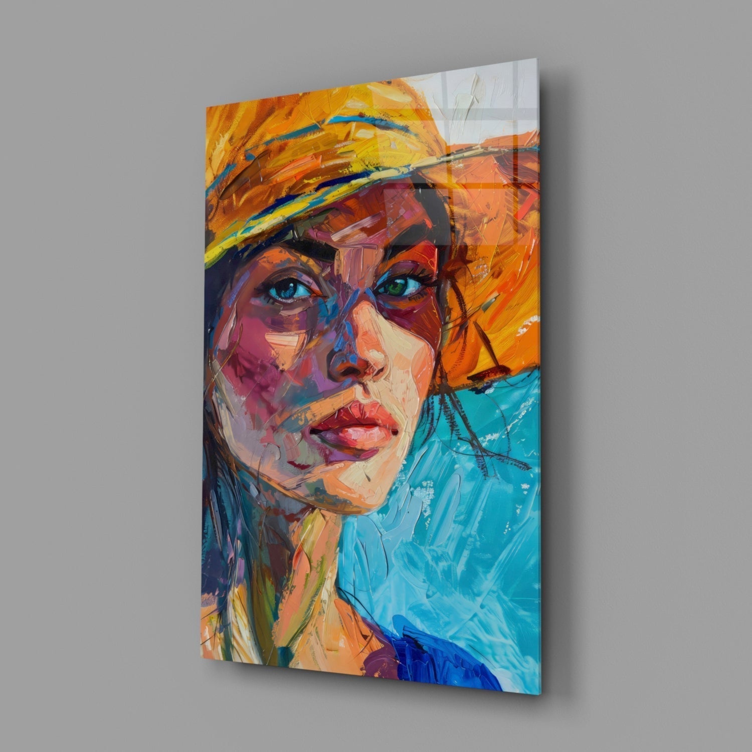 Woman in Orange Hat Glass Wall Art || Designer Collection Insigneart USA