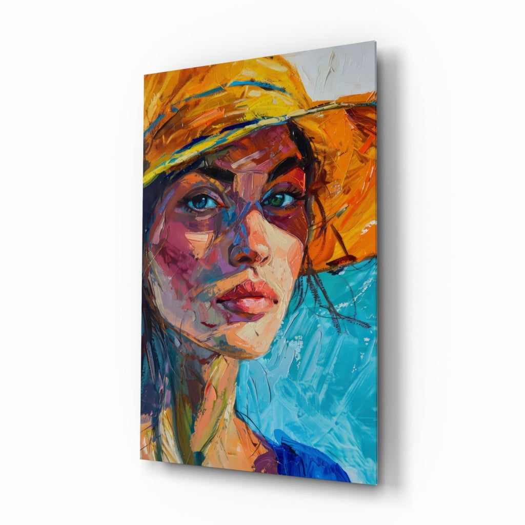 Woman in Orange Hat Glass Wall Art || Designer Collection Insigneart USA