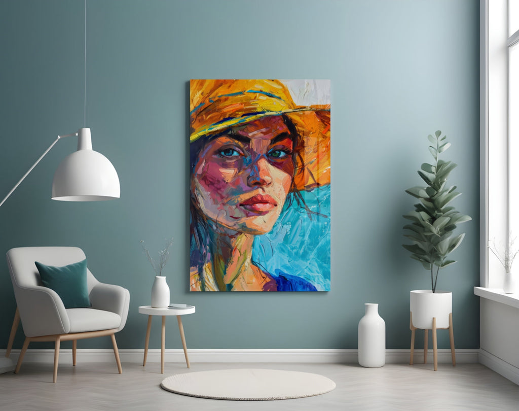 Woman in Orange Hat Glass Wall Art || Designer Collection Insigneart USA