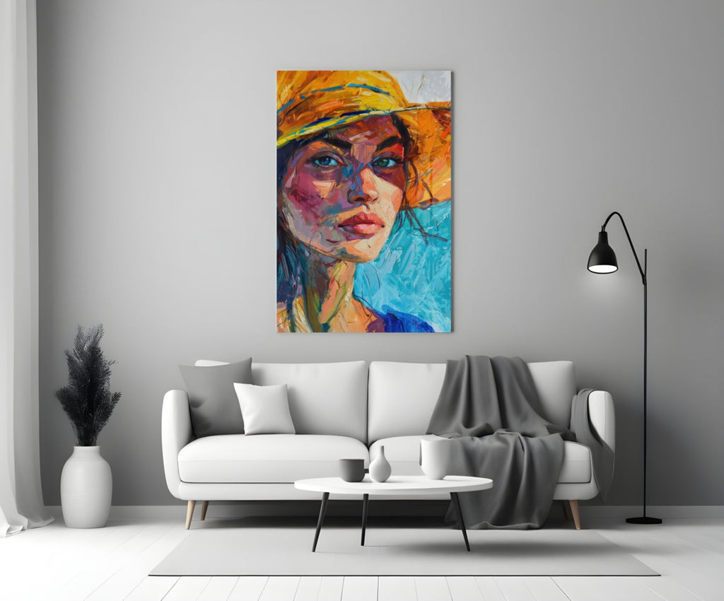 Woman in Orange Hat Glass Wall Art || Designer Collection Insigneart USA