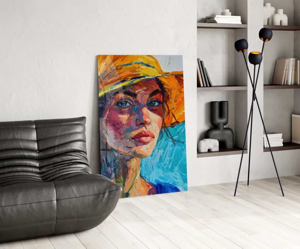Woman in Orange Hat Glass Wall Art || Designer Collection Insigneart USA