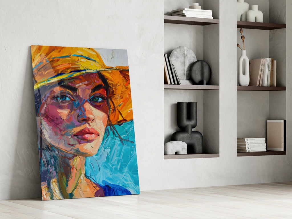 Woman in Orange Hat Glass Wall Art || Designer Collection Insigneart USA