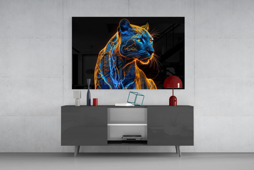 Neon Jaguar Glass Wall Art || Designer Collection Insigneart USA