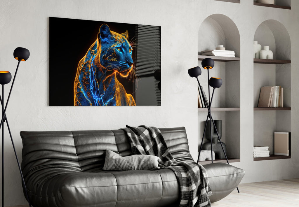 Neon Jaguar Glass Wall Art || Designer Collection Insigneart USA