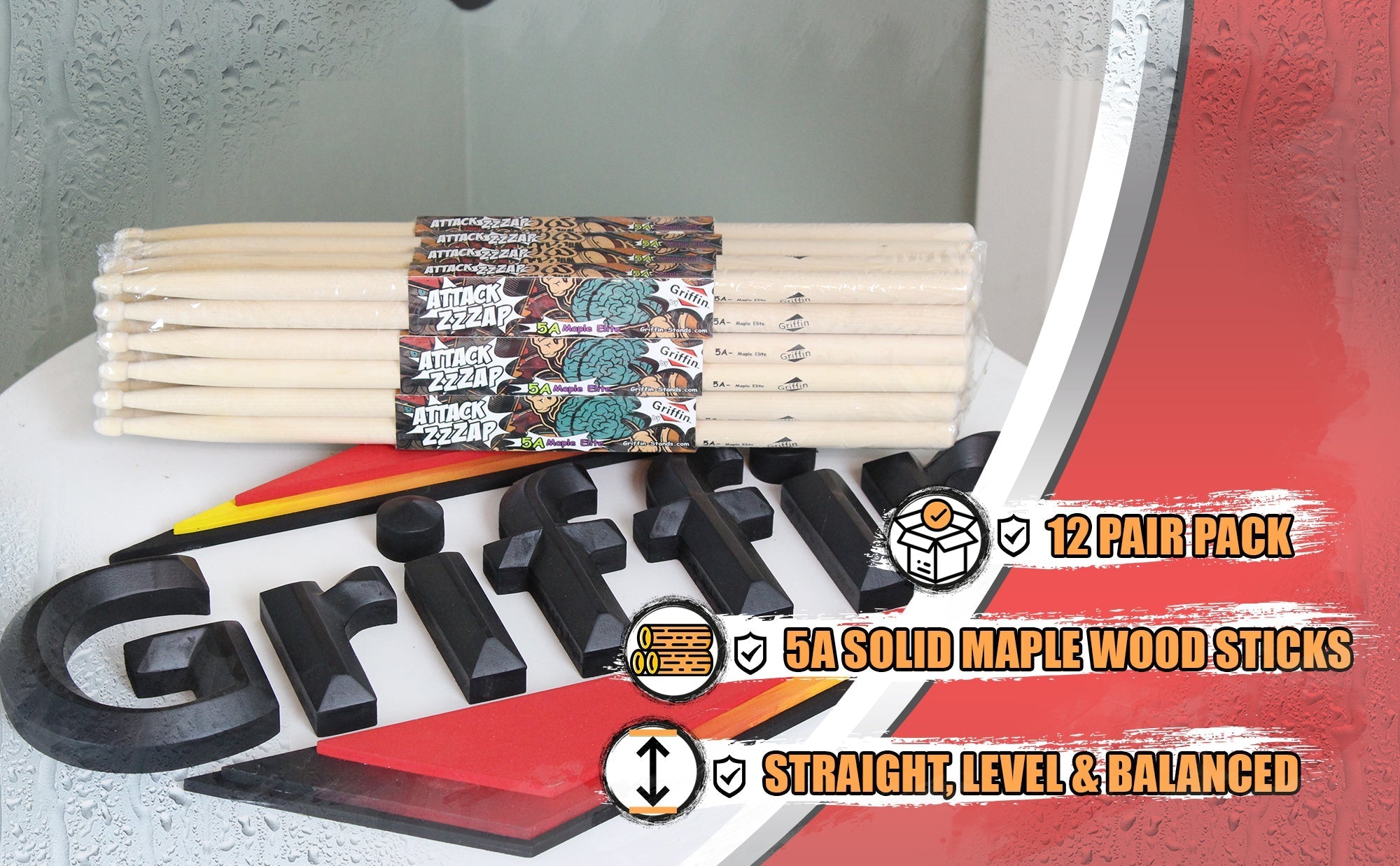 12 Pairs of Select Elite Maple Wood Drum Sticks by GRIFFIN Attack Zzzap - Size 5A Premium Balanced, Level and Straight - Drummers Percussion Classic GeekStands.com