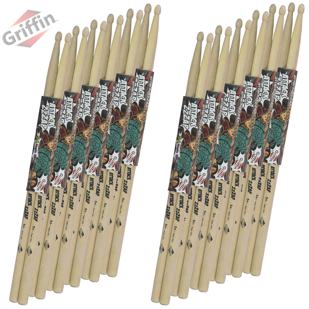 12 Pairs of Select Elite Maple Wood Drum Sticks by GRIFFIN Attack Zzzap - Size 5A Premium Balanced, Level and Straight - Drummers Percussion Classic Pure Grit Uncoated, Raw Wood Drumming Sticks GeekStands.com