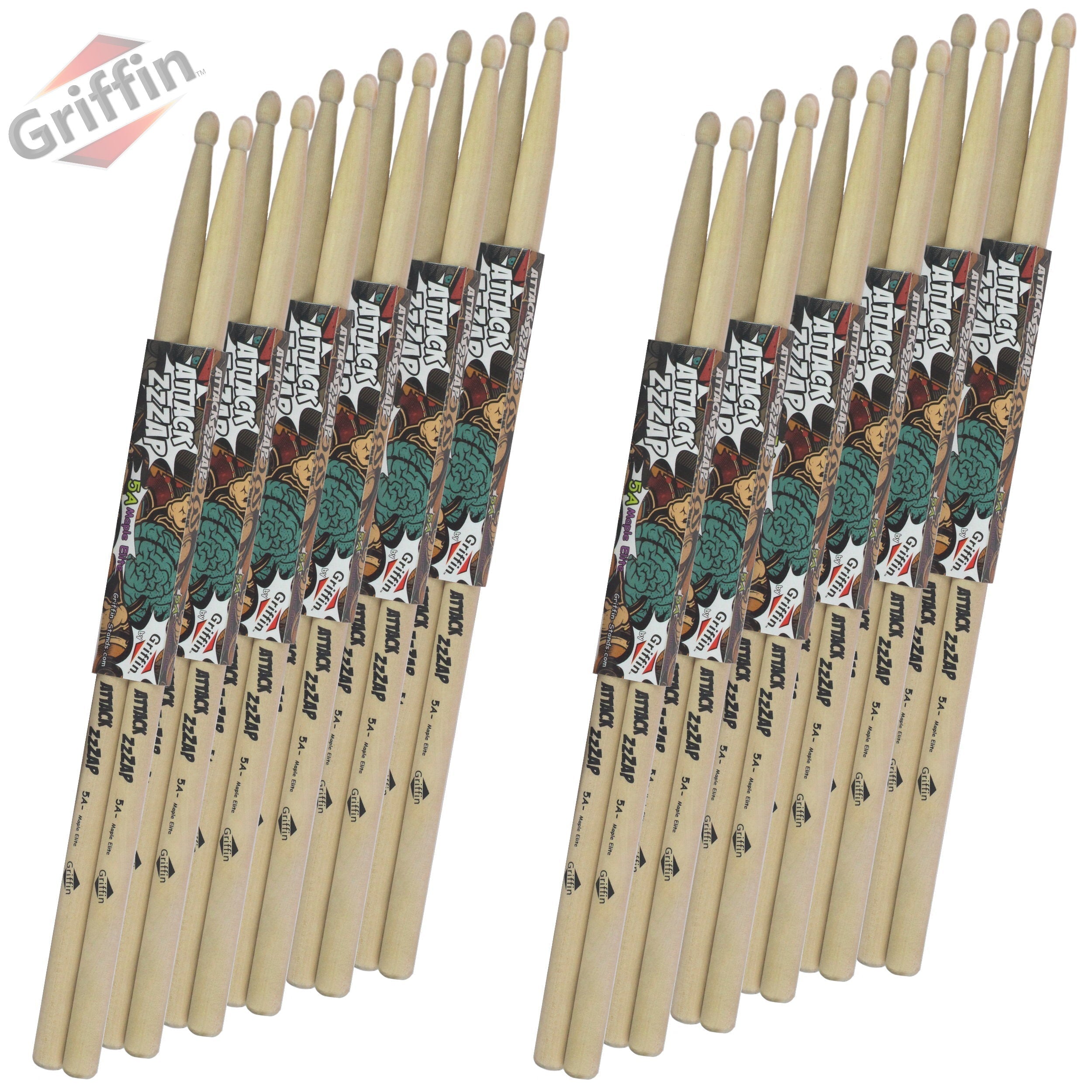 12 Pairs of Select Elite Maple Wood Drum Sticks by GRIFFIN Attack Zzzap - Size 5A Premium Balanced, Level and Straight - Drummers Percussion Classic GeekStands.com