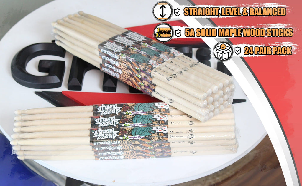 GRIFFIN Attack Zzzap Drum Sticks - 24 Pairs of Select Elite Maple Wood Size 5A - Drummers Percussion Classic Pure Grit Uncoated, Raw Wood Drumming Sticks - Premium Balanced, Level and Straight GeekStands.com
