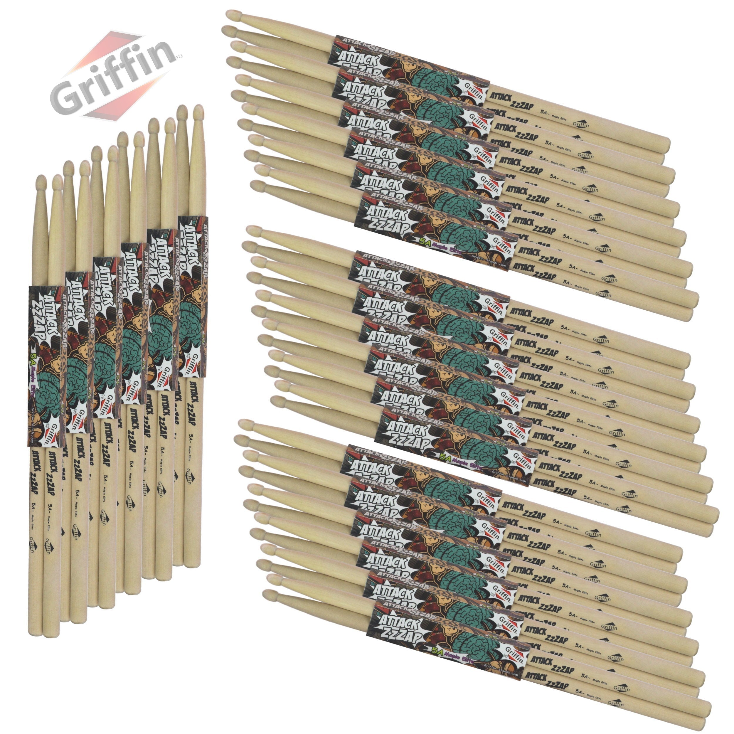 GRIFFIN Attack Zzzap Drum Sticks - 24 Pairs of Select Elite Maple Wood Size 5A - Drummers Percussion Classic Pure Grit Uncoated, Raw Wood Drumming Sticks - Premium Balanced, Level and Straight GeekStands.com