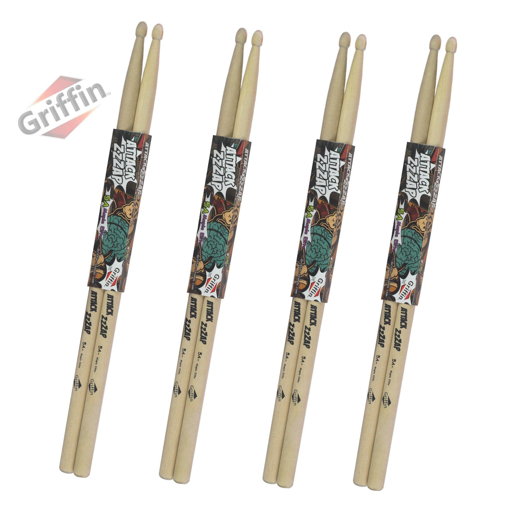 GRIFFIN Attack Zzzap Drum Sticks - 4 Pairs of Select Elite Maple Wood Size 5A - Premium Balanced, Level and Straight - Drummers Percussion Classic Pure Grit Uncoated, Raw Wood Drumming Sticks GeekStands.com