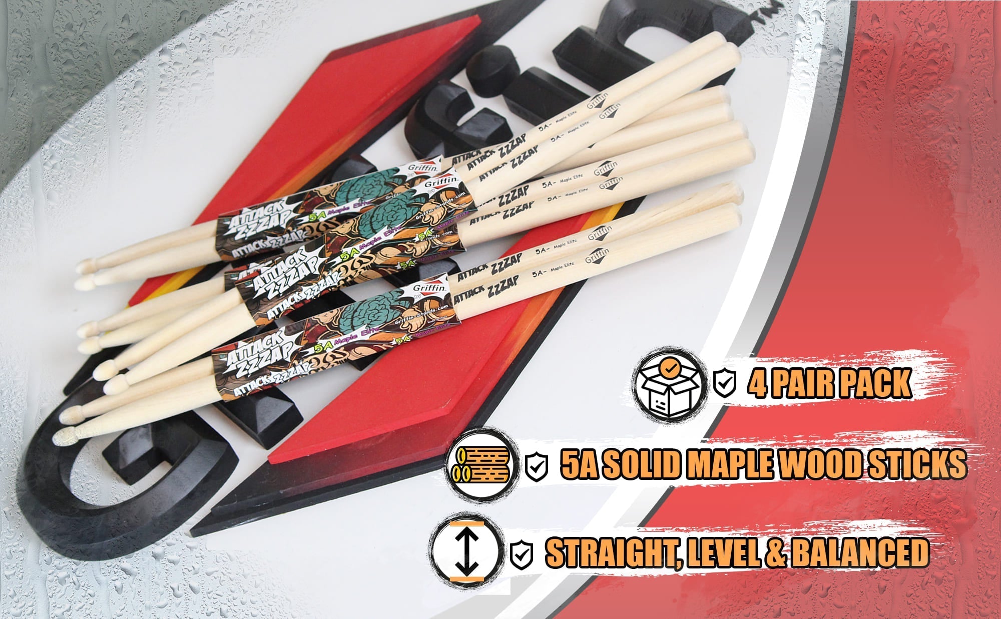 GRIFFIN Attack Zzzap Drum Sticks - 4 Pairs of Select Elite Maple Wood Size 5A - Premium Balanced, Level and Straight - Drummers Percussion Classic Pure Grit Uncoated, Raw Wood Drumming Sticks GeekStands.com