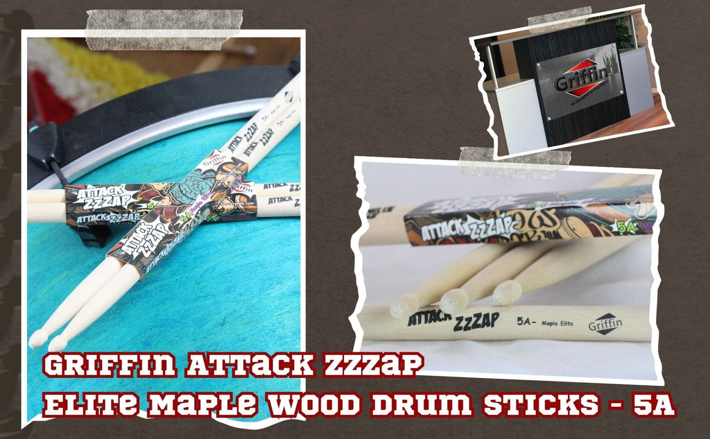 GRIFFIN Attack Zzzap Drum Sticks - 4 Pairs of Select Elite Maple Wood Size 5A - Premium Balanced, Level and Straight - Drummers Percussion Classic Pure Grit Uncoated, Raw Wood Drumming Sticks GeekStands.com