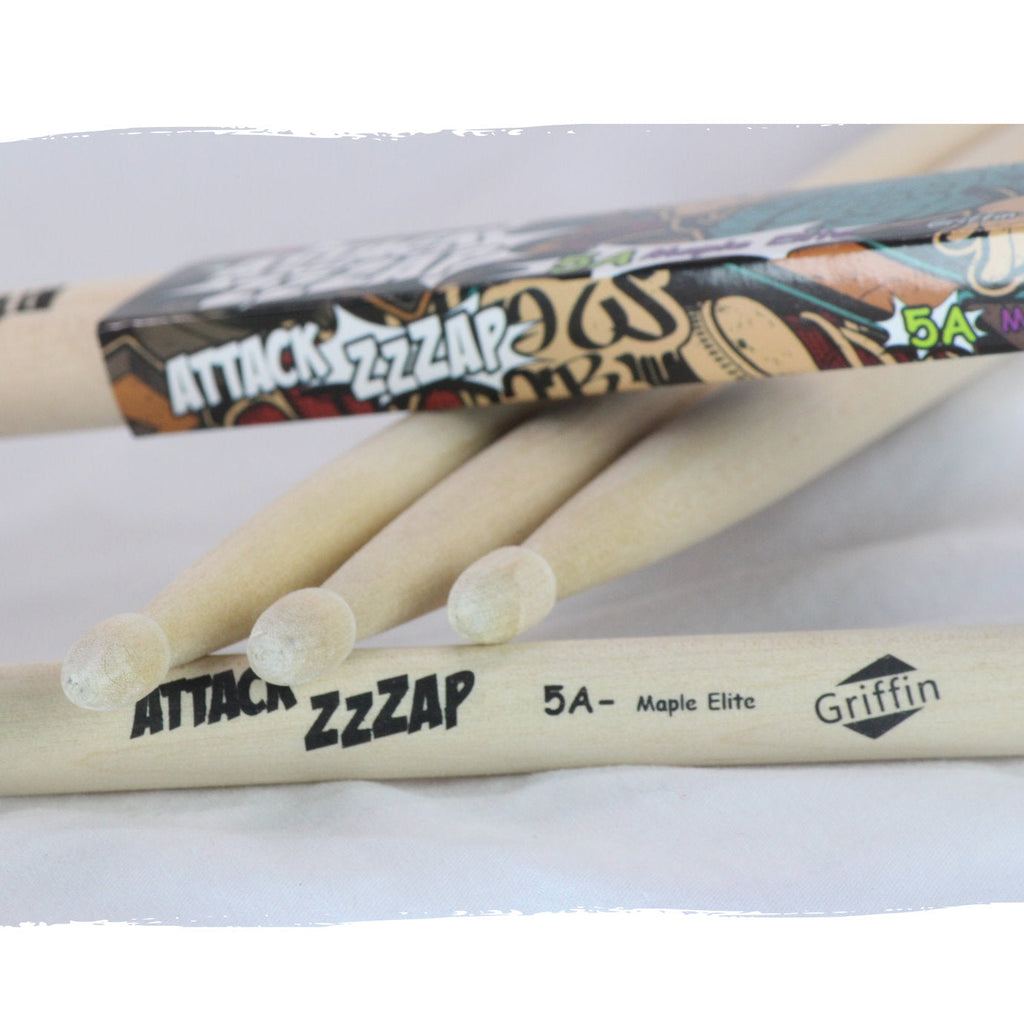 12 Pairs of Select Elite Maple Wood Drum Sticks by GRIFFIN Attack Zzzap - Size 5A Premium Balanced, Level and Straight - Drummers Percussion Classic GeekStands.com