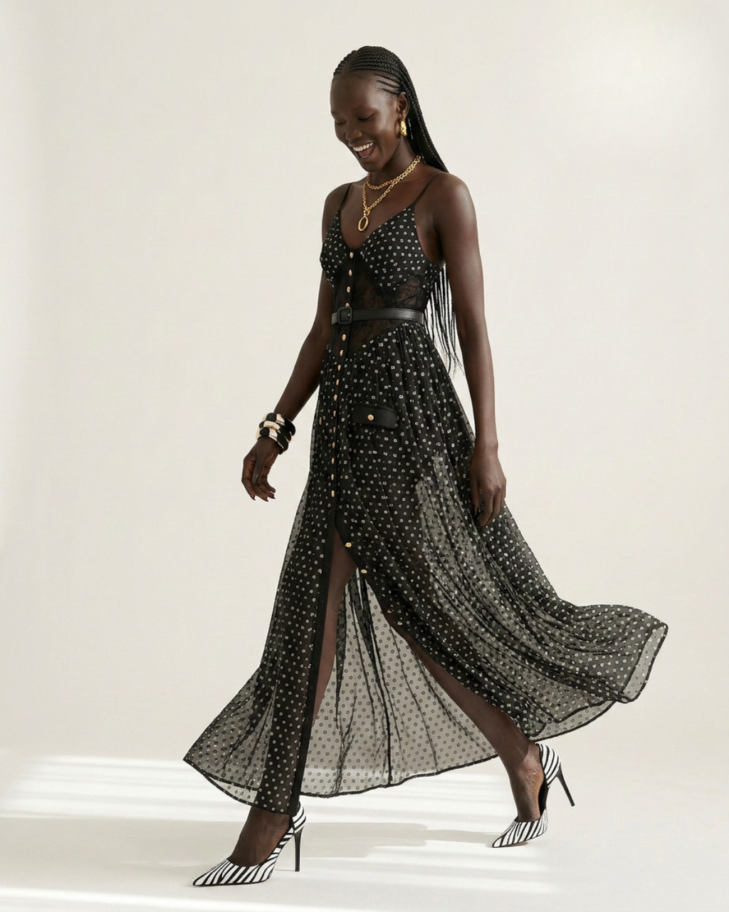 Audacious Polka Dot Mesh Maxi Dress Boho Brown