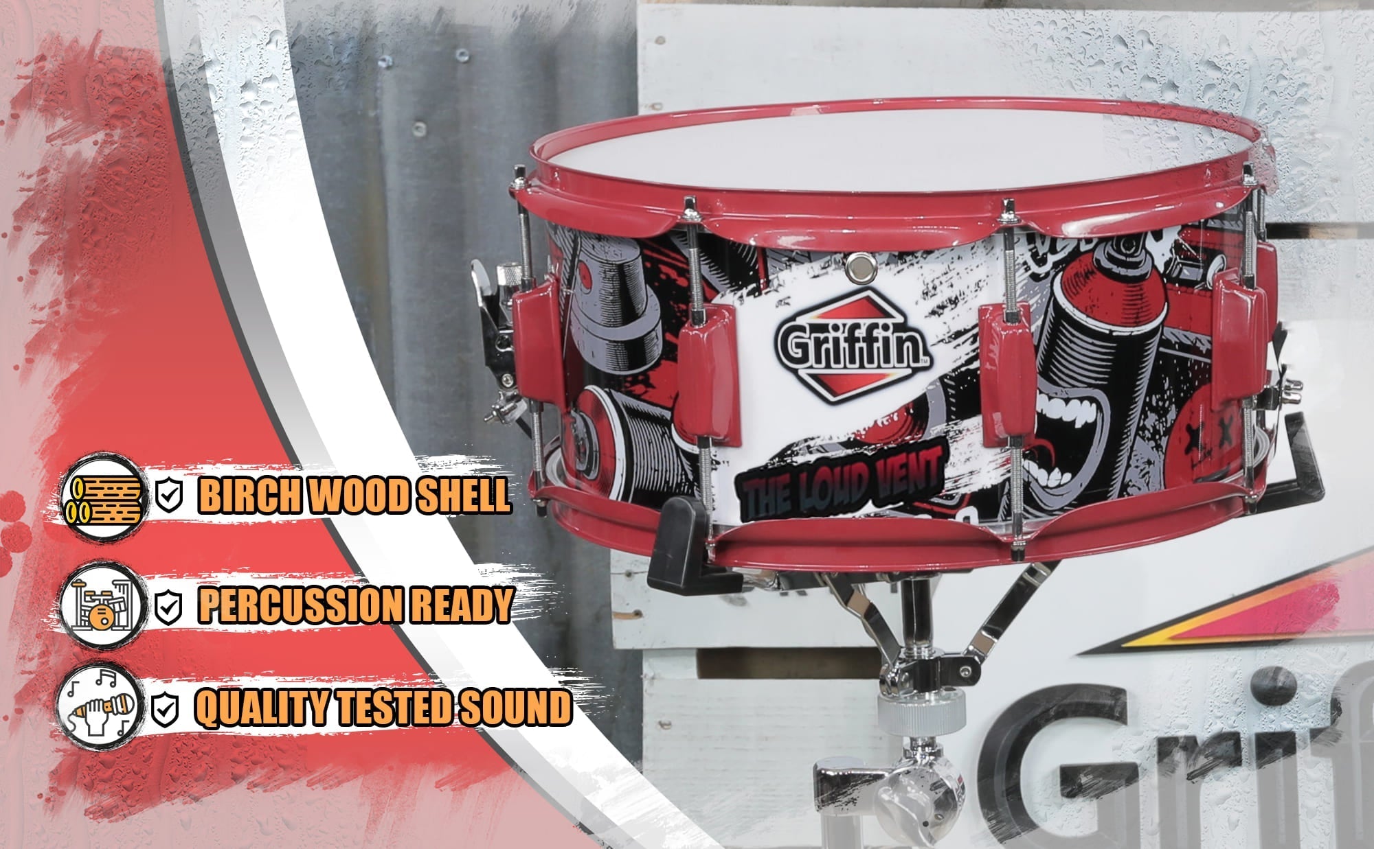 Snare Drum by GRIFFIN | Birch Wood Shell 14"x6.5" with Custom Graphic Wrap (Limited Edition) | Percussion Acoustic Musical Instrument Kit & Drummers Key | 8 Metal Lugs, Head Set & Strainer Throw Off GeekStands.com