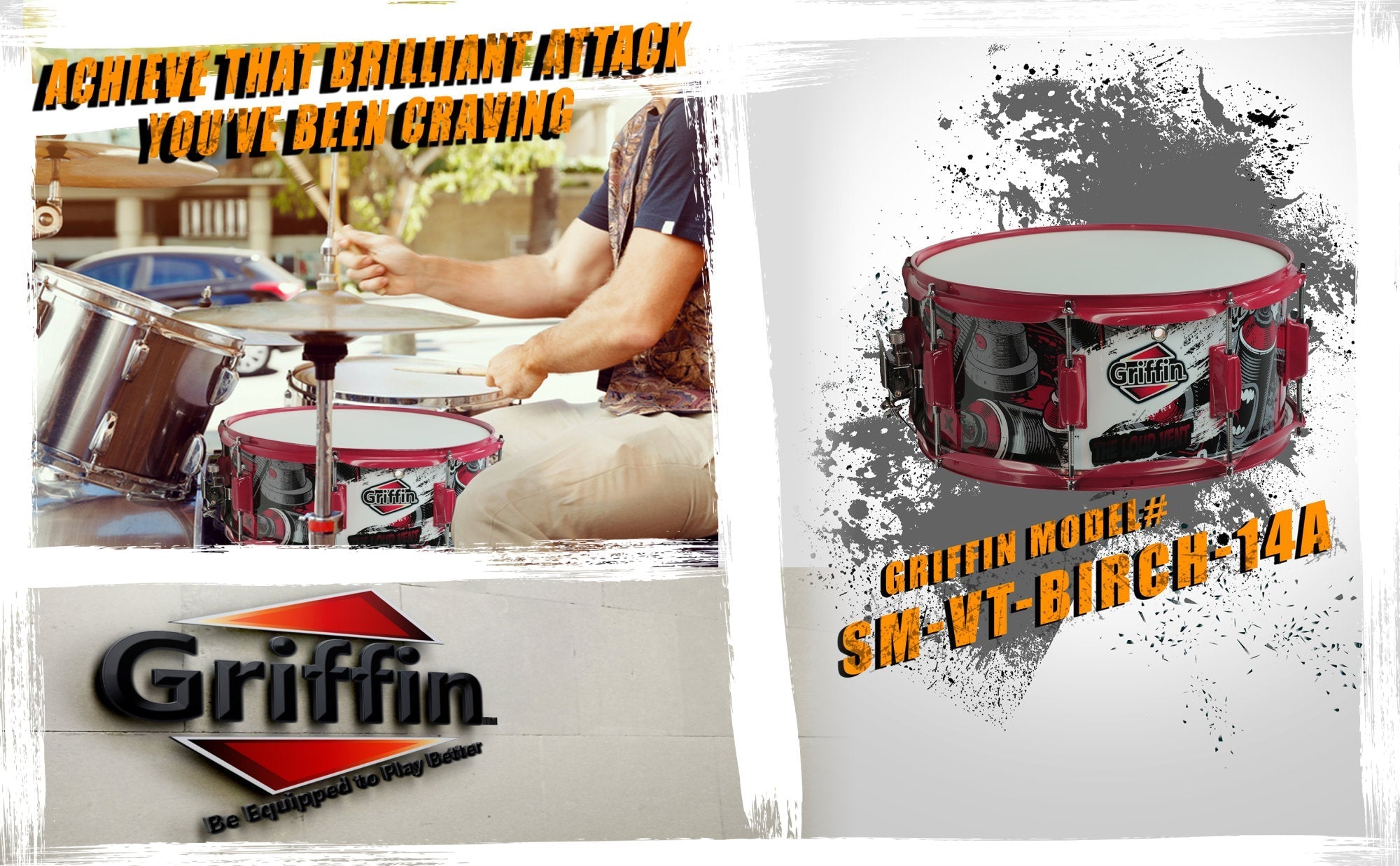 Snare Drum by GRIFFIN - Birch Wood Shell 14"x6.5" with Custom Graphic Wrap (Limited Edition) - Percussion Drummers Acoustic Musical Instrument Kit GeekStands.com