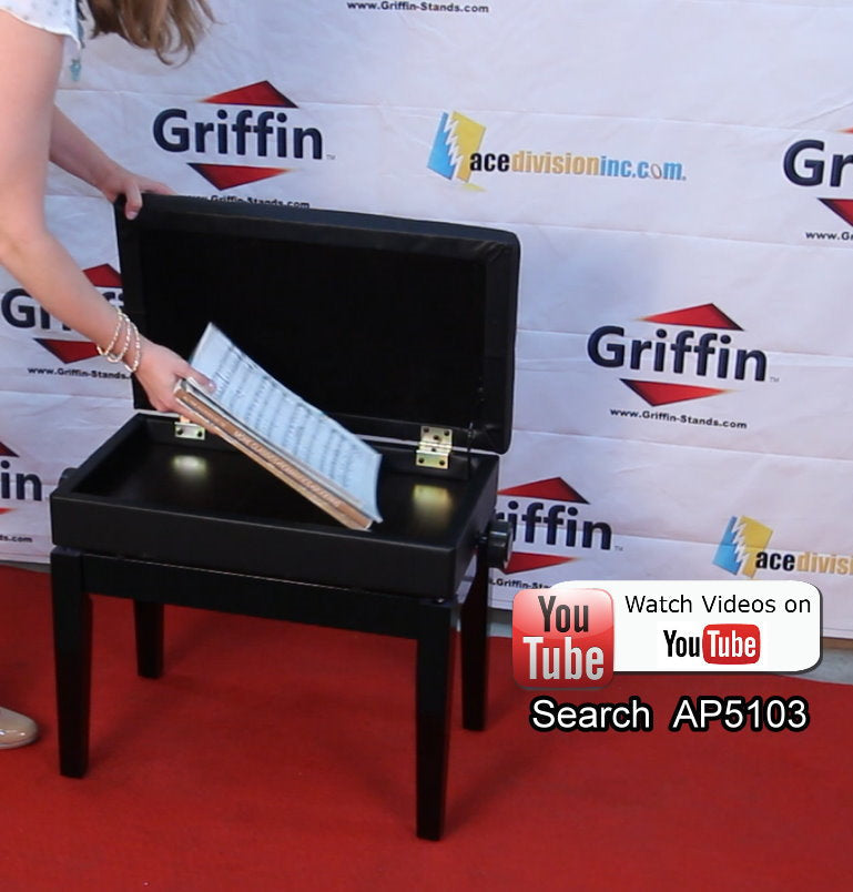 GRIFFIN Premium Antique Piano Bench - Adjustable Black Solid Wood Frame & PU Leather Padded Cushion - Vintage Ergonomic Musicians Keyboard Chair GeekStands.com