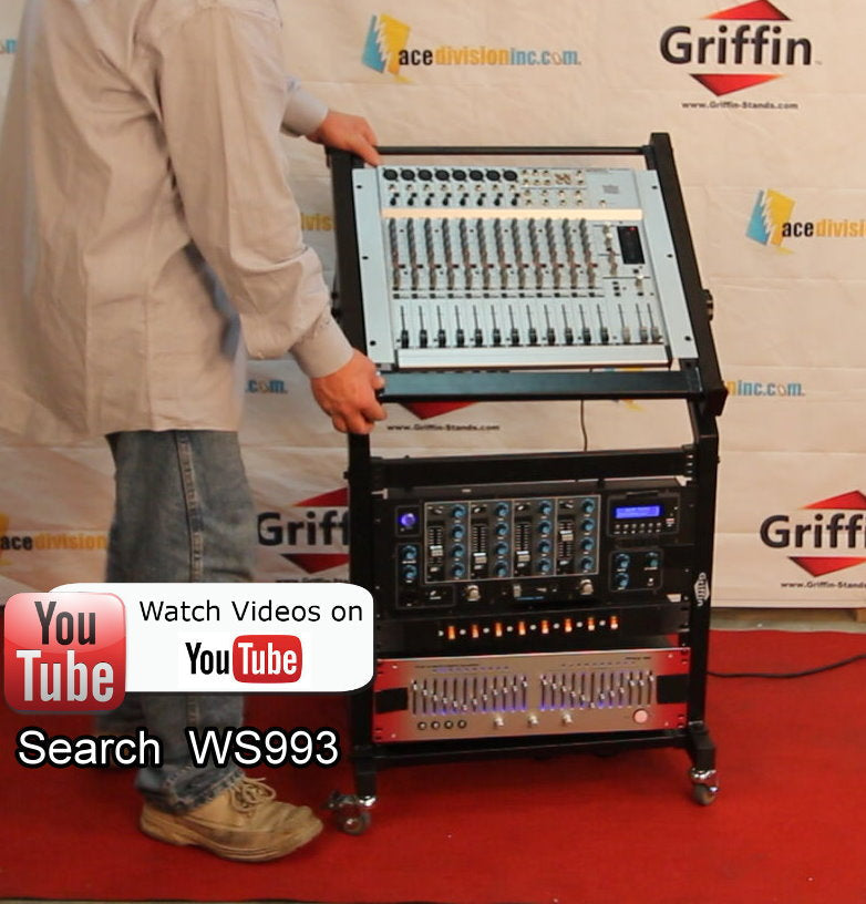 Rack Mount Rolling Stand & Adjustable Mixer Platform Rails by GRIFFIN - 19U Cart Holder for Music Studio Booth Pro Audio Recording Cabinet Equipment GeekStands.com