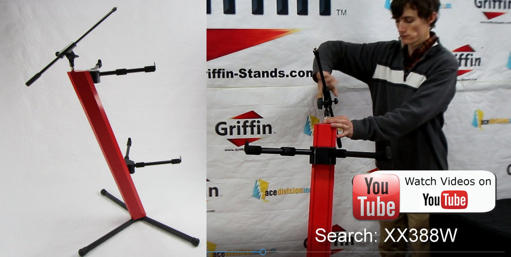 2-Tier Column Keyboard Stand with Mic Boom Arm by GRIFFIN - Double Sliding Multi Mounting Platform Red Stage Tower Rack - Holder for Digital Piano GeekStands.com
