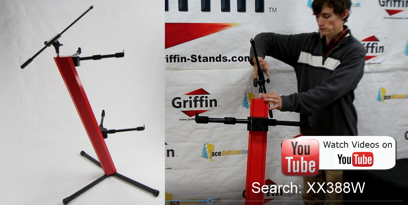 2-Tier Column Keyboard Stand with Mic Boom Arm by GRIFFIN - Double Sliding Multi Mounting Platform Red Stage Tower Rack - Holder for Digital Piano GeekStands.com