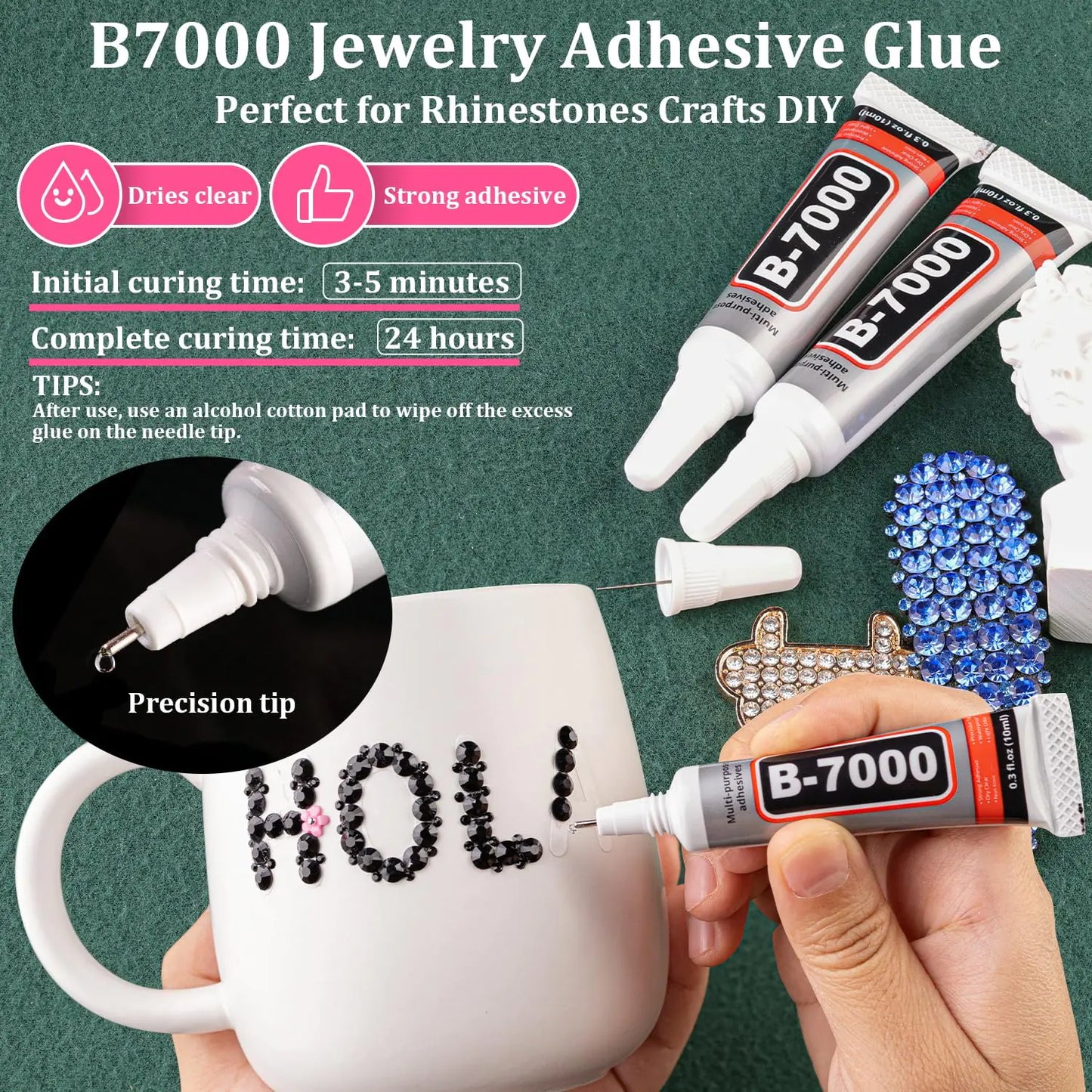 Resin Rhinestones for Crafting with B7000 Jewelry Glue, 2 Boxes Black FlatBack Crystals with 3Pcs 10ml Glue for Bedazzling Crafts DIY Nail Art Makeup，Non Hotfix Gems for Clothing Shoes Small Amount-2 Box+Glue 24 Black