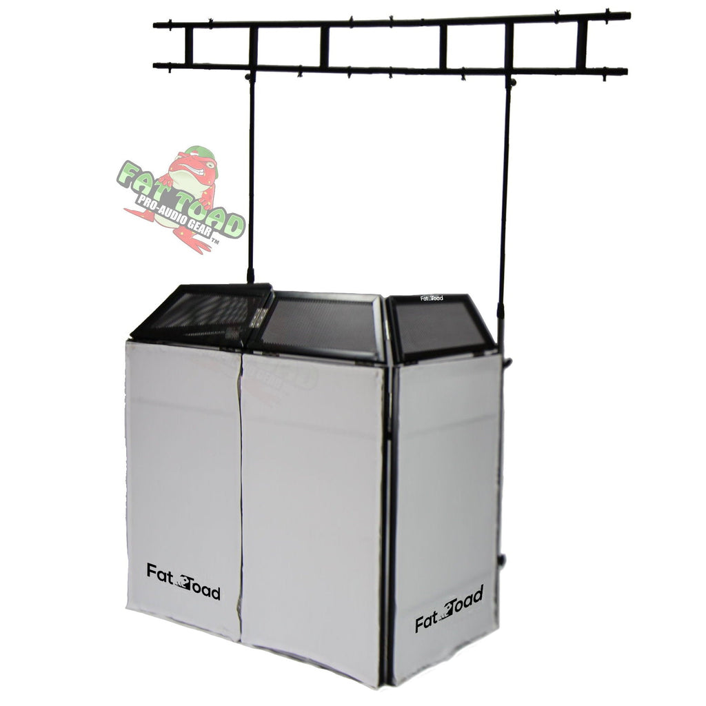 DJ Booth Tabletop With 8FT Lighting Truss Stand Package by FAT TOAD - Foldable Panel Portable Stage Platform Facade Scrim Cover, Video Light Display GeekStands.com