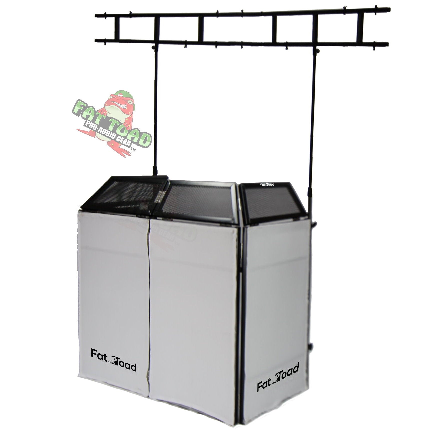 DJ Booth Tabletop With 8FT Lighting Truss Stand Package by FAT TOAD - Foldable Panel Portable Stage Platform Facade Scrim Cover, Video Light Display GeekStands.com