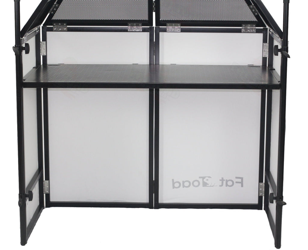 DJ Booth Tabletop With 8FT Lighting Truss Stand Package by FAT TOAD - Foldable Panel Portable Stage Platform Facade Scrim Cover, Video Light Display GeekStands.com