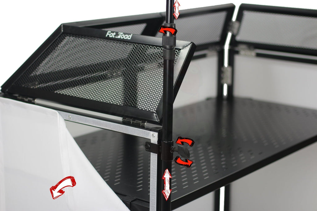 DJ Booth Tabletop With 8FT Lighting Truss Stand Package by FAT TOAD - Foldable Panel Portable Stage Platform Facade Scrim Cover, Video Light Display GeekStands.com