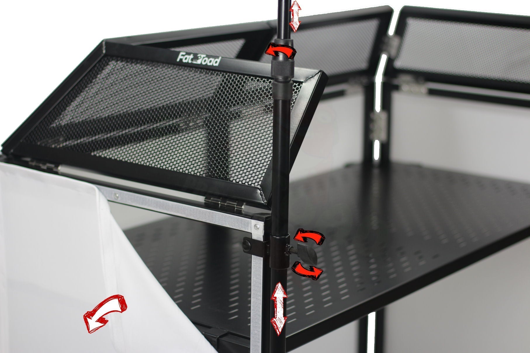 DJ Booth Tabletop With 8FT Lighting Truss Stand Package by FAT TOAD - Foldable Panel Portable Stage Platform Facade Scrim Cover, Video Light Display GeekStands.com