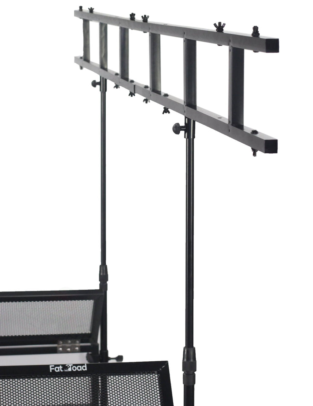 DJ Booth Tabletop With 8FT Lighting Truss Stand Package by FAT TOAD - Foldable Panel Portable Stage Platform Facade Scrim Cover, Video Light Display GeekStands.com