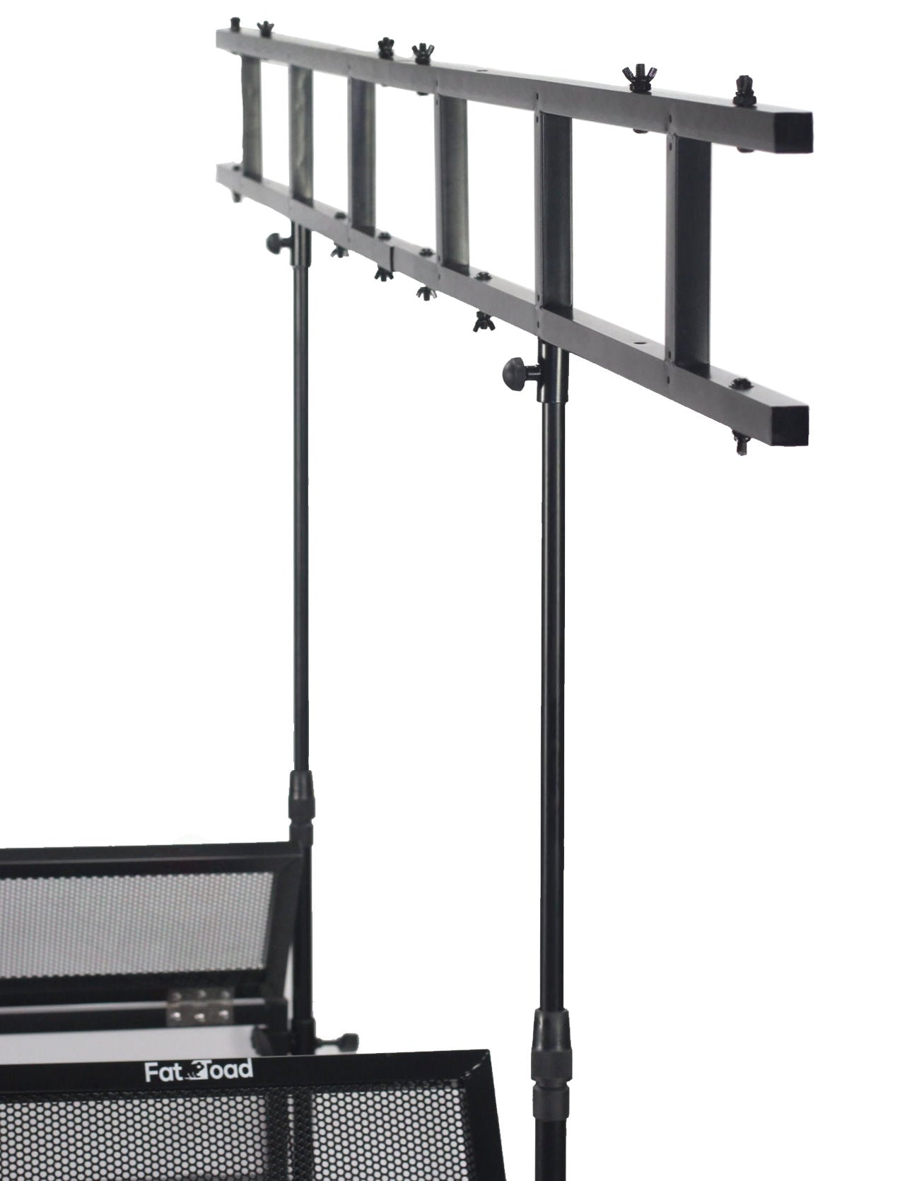 DJ Booth Tabletop With 8FT Lighting Truss Stand Package by FAT TOAD - Foldable Panel Portable Stage Platform Facade Scrim Cover, Video Light Display GeekStands.com